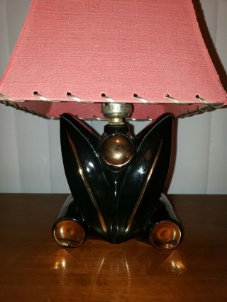 Pair Vintage Mid Century Modern Black & Gold Ceramic Lamps,  Red Retro Shades 3