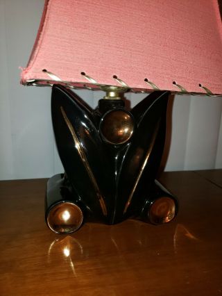Pair Vintage Mid Century Modern Black & Gold Ceramic Lamps,  Red Retro Shades 4
