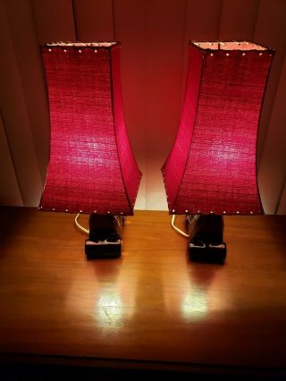 Pair Vintage Mid Century Modern Black & Gold Ceramic Lamps,  Red Retro Shades 5