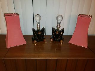 Pair Vintage Mid Century Modern Black & Gold Ceramic Lamps,  Red Retro Shades 9