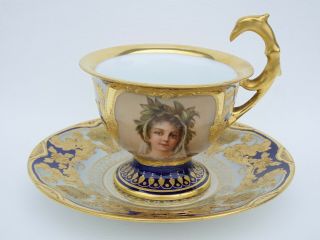 Exquisite Royal Vienna " Daphne " Cup & Saucer Iridescent,  Gilt,  Cobalt,  Thistle