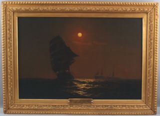 Antique Warren Sheppard Nocturnal Moonlit Tonalist Maritime Ship Oil Painting Nr