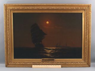 Antique WARREN SHEPPARD Nocturnal Moonlit Tonalist Maritime Ship Oil Painting NR 2