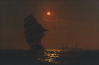 Antique WARREN SHEPPARD Nocturnal Moonlit Tonalist Maritime Ship Oil Painting NR 3