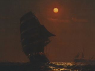 Antique WARREN SHEPPARD Nocturnal Moonlit Tonalist Maritime Ship Oil Painting NR 4