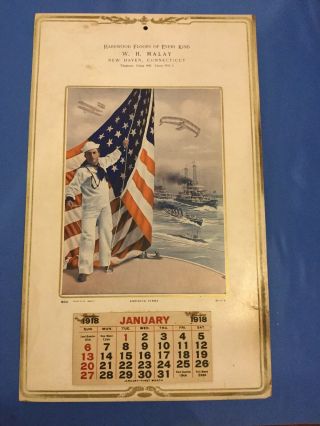 Antique Ww1 Wall Calendar 1918 Navy American Flag Sailor Full Year