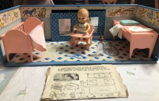 Vtg Superior Toy T Cohn Tin Litho Nursery Set Doll,  Furniture Accessories Rare