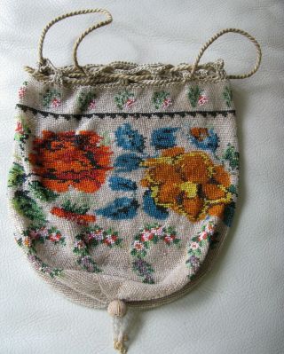 Antique Victorian Crochet Floral French Micro Bead Tassel Reticule Purse Germany