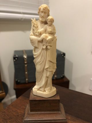Old Carved Figure St Joseph And The Infant Jesus Wood Plinth Look