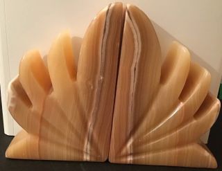 1920’s Heavy French Art Deco Peach Coloured Marble Fan Bookends 2.  1kg