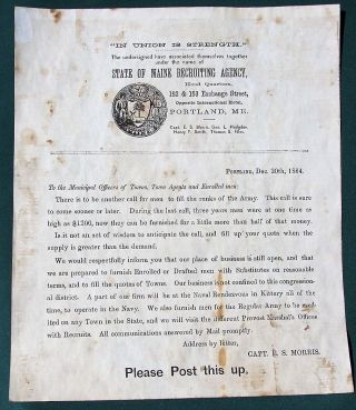 Maine Recruiting Agency Orig 1864 Civil War Draftee Substitutes Poster