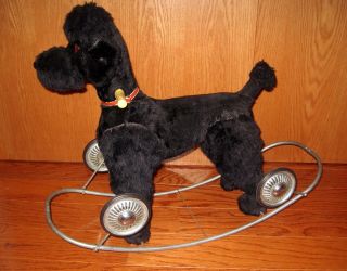Rare Antique Vtg Poodle Ride On Rocker Toy Pull Mohair Dog Pull