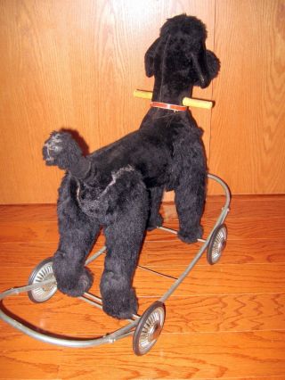 RARE Antique Vtg POODLE RIDE ON ROCKER TOY PULL MOHAIR DOG PULL 6