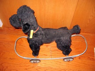 RARE Antique Vtg POODLE RIDE ON ROCKER TOY PULL MOHAIR DOG PULL 8