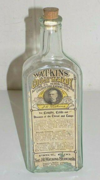 Antique Watkins Cough Remedy Bottle With Label Alcohol Heroin Chloroform Medical