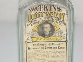 Antique Watkins Cough Remedy Bottle With Label Alcohol Heroin Chloroform Medical 2