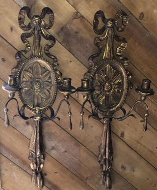 Vintage French / Italian Tole Wood Metal Pair Double Wall Sconces Hollywood Glam