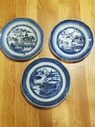3 18th Century Antique Chinese Export Canton Blue & White Plates
