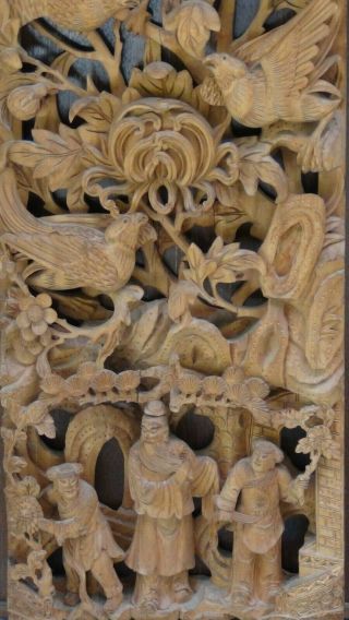 ANTIQUE 19c CHINESE WOOD SOLID PIERCED HAND CARVED PANEL,  SUNBIRDS,  PEOPLE 41 