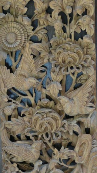 ANTIQUE 19c CHINESE WOOD SOLID PIERCED HAND CARVED PANEL,  SUNBIRDS,  PEOPLE 41 