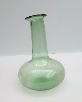 Antique Hand Blown Apothecary Bulbous Green Glass Lab Flask Bottle 6 " Tall