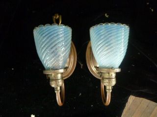 CIRCA 1905 ARTS AND CRAFTS BRASS SCONCE PAIR WITH VASELINE GLASS 12