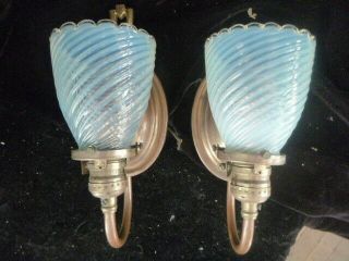 Circa 1905 Arts And Crafts Brass Sconce Pair With Vaseline Glass
