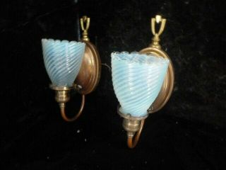 CIRCA 1905 ARTS AND CRAFTS BRASS SCONCE PAIR WITH VASELINE GLASS 3