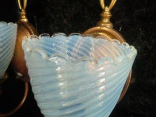 CIRCA 1905 ARTS AND CRAFTS BRASS SCONCE PAIR WITH VASELINE GLASS 4
