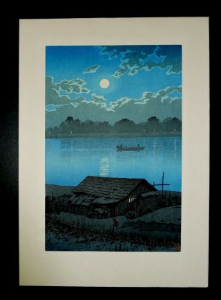 Japanese Woodblock By Kawase Hasui " Moon Over Arakawa River "