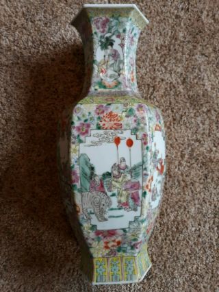 Vintage China Chinese Porcelain Enamel Hexagon Vase 17 3/8 " With Many Scenes