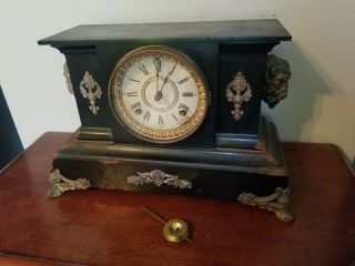 Rare 1904 Antique Ansonia Buffalo Head Decorated Iron Case Mantle Clock