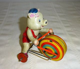 Antique Japanese Celluloid & Tin Windup Pig Riding Toy 4 " Syy 1930s Japan