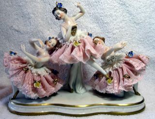 Exceptional Large Porcelain Dresden Lace Dancing Ballerina Group Figurine