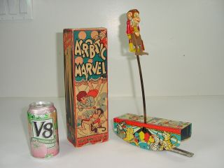 Vintage 30s Louis Marx Acrobatic Marvel Tin Litho Wind - Up Monkey Circus Toy,  Box
