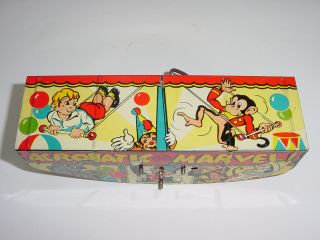 Vintage 30s Louis Marx Acrobatic Marvel Tin Litho Wind - Up Monkey Circus Toy,  Box 5