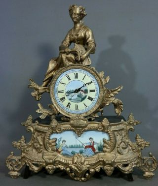 19thc Antique Victorian Lady & Scythe Statue Fishing Painting Old Mantel Clock