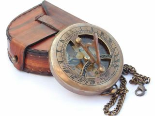 Antique Brass Sundial Compass Vintage Push Button Pocket Compass W Leather Case