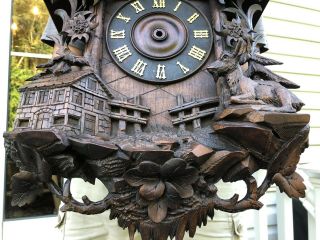 RARE ANTIQUE BLACK FOREST VERY DETAILED HAND CARVED CUCKOO CLOCK CASE 8