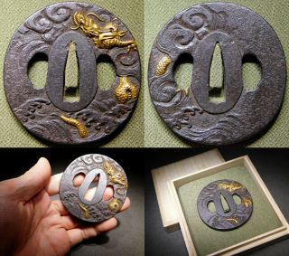 Fine Golden Dragon Tsuba 18 - 19thc Japanese Edo Samurai Koshirae Antique