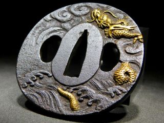 FINE Golden Dragon TSUBA 18 - 19thC Japanese Edo Samurai Koshirae Antique 2