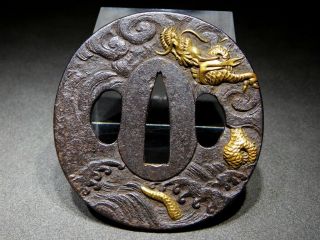 FINE Golden Dragon TSUBA 18 - 19thC Japanese Edo Samurai Koshirae Antique 3