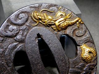 FINE Golden Dragon TSUBA 18 - 19thC Japanese Edo Samurai Koshirae Antique 5