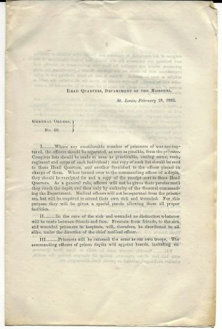 Civil War Orders; 1862 Dept Of Missouri,  Gen 