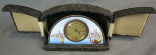 Antique Enamel Mantel Clock W/ Case Boat Scene