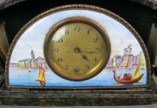 Antique Enamel Mantel Clock w/ Case Boat Scene 2