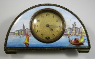 Antique Enamel Mantel Clock w/ Case Boat Scene 6