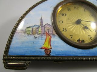 Antique Enamel Mantel Clock w/ Case Boat Scene 7