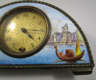 Antique Enamel Mantel Clock w/ Case Boat Scene 8