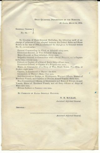 1862 Civil War Document Go 51,  Hq Department Of The Missouri,  Prisoner Exchange